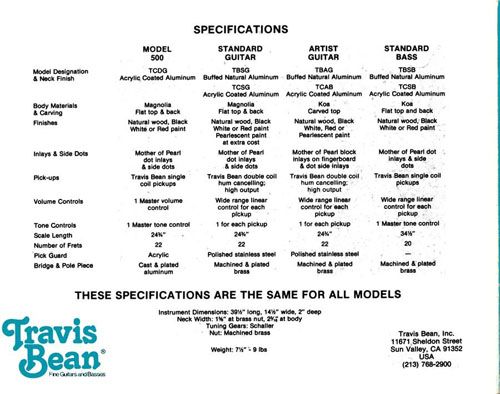 Travis Bean spec sheet