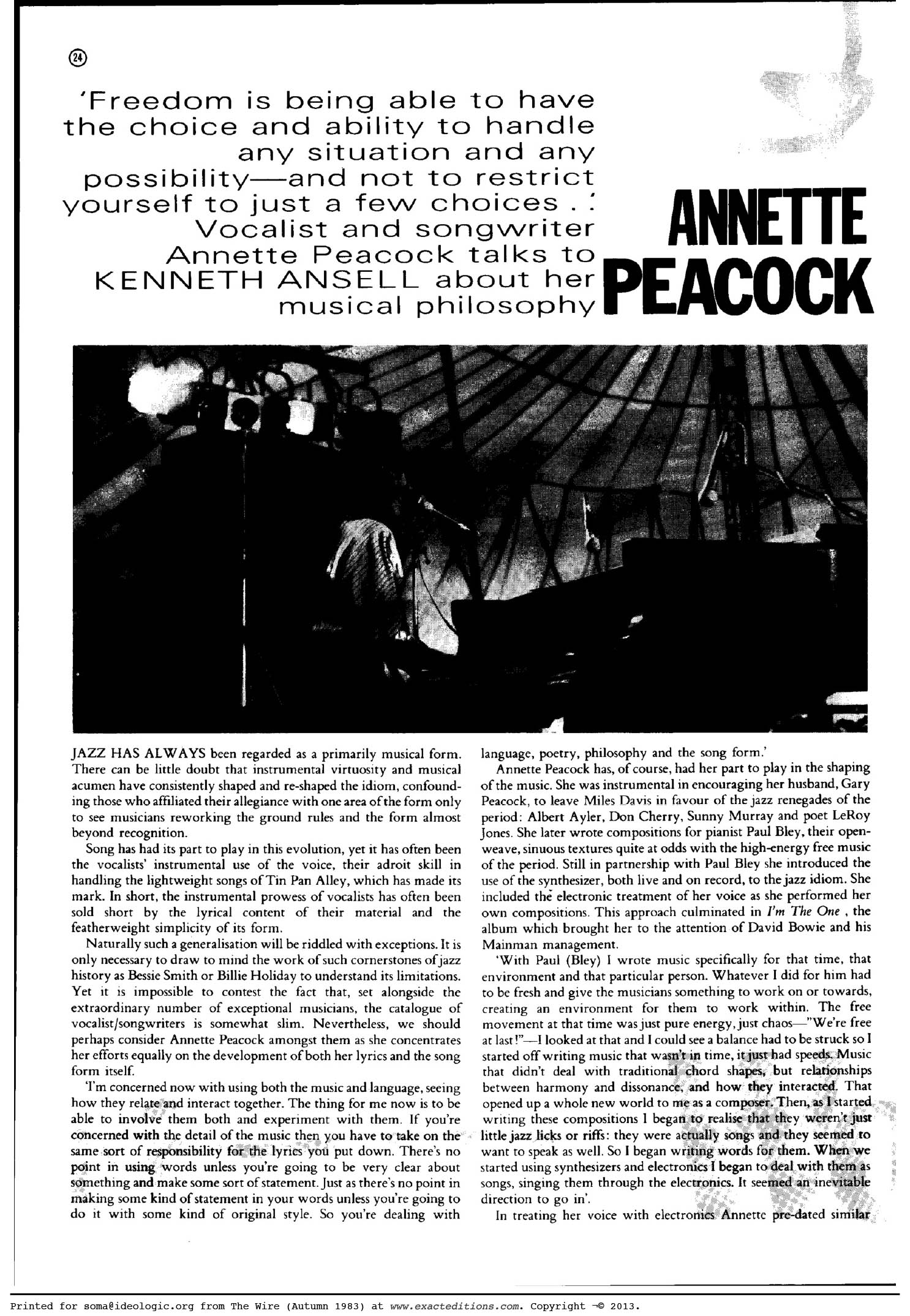ANNETTE PEACOCK reading (interviews from 1983 & 1991 THE WIRE) PT III