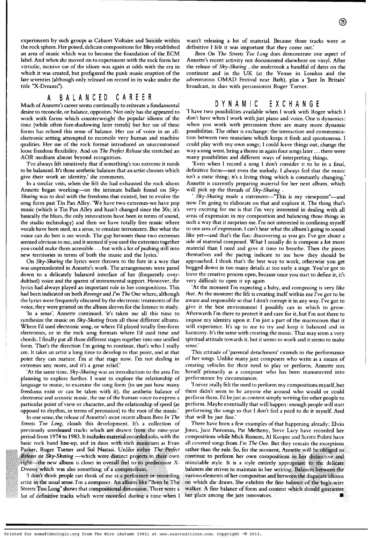 ANNETTE PEACOCK reading (interviews from 1983 & 1991 THE WIRE) PT III