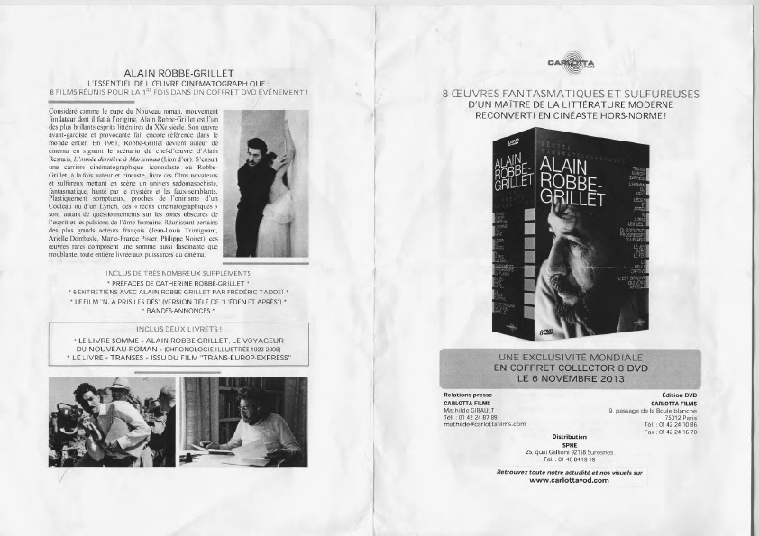 Alain Robbe-Grillet DVD boxed set released this month on Carotta films